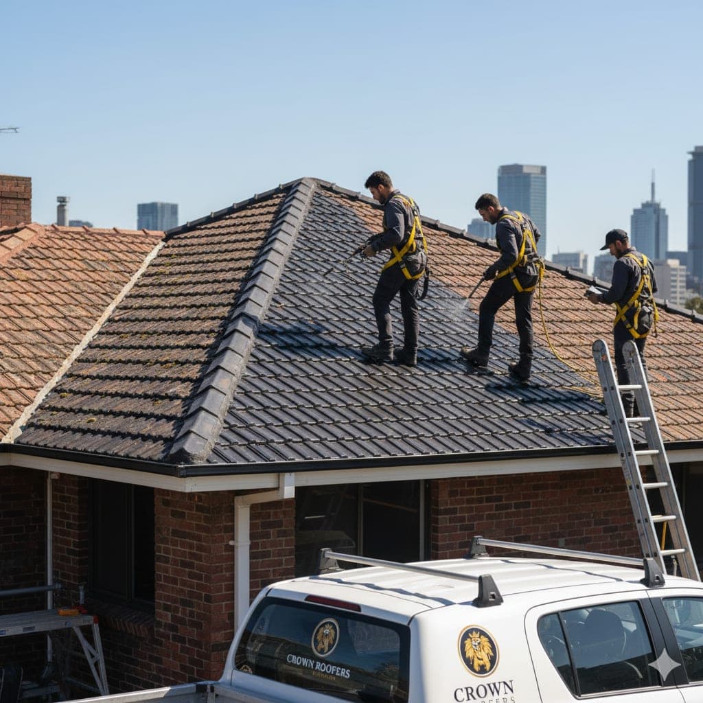 Crown Roofers Sydney licensed team pressure-cleaning tile roof with Sydney CBD skyline