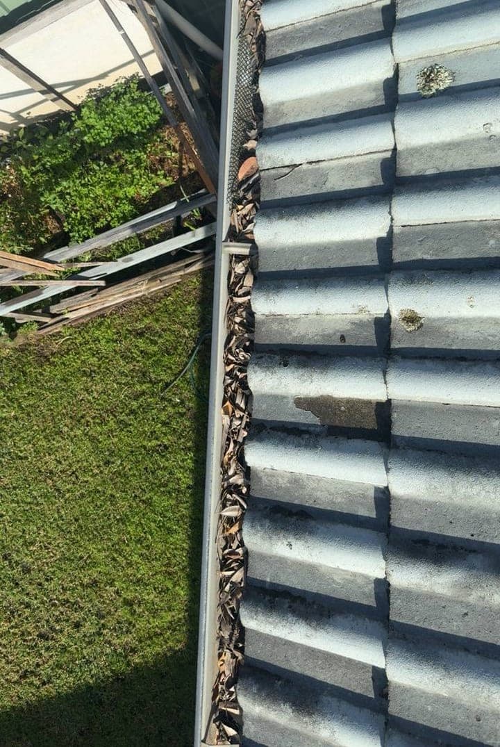 Residential gutter cleaning — Crown Roofers project Emerton Western Sydney — blocked gutter run with accumulated organic matter
