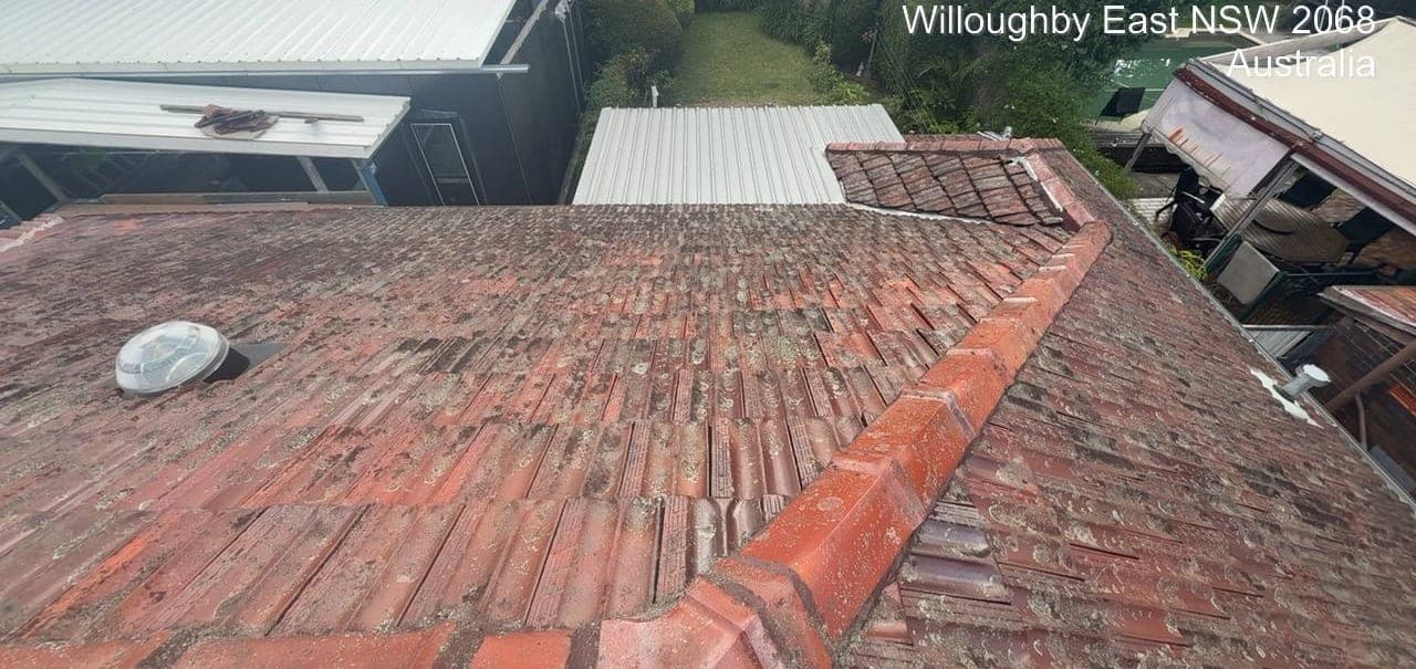 Heritage terracotta tile roof restoration — Crown Roofers project Willoughby East Lower North Shore Sydney — before restoration — overall roof condition pre-clean