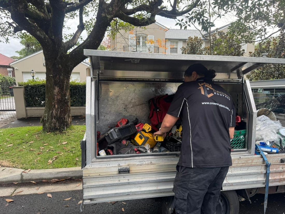 Crown Roofers branded work ute and tool setup on a Sydney job