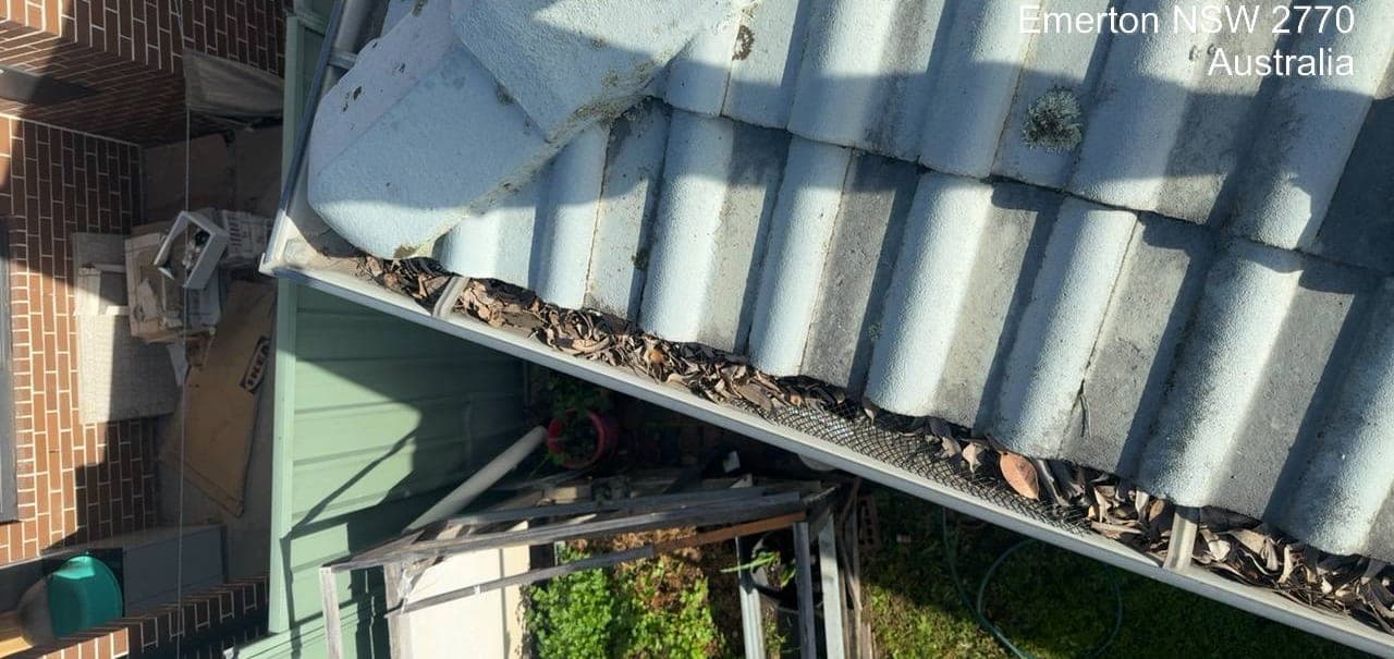 Residential gutter cleaning — Crown Roofers project Emerton Western Sydney — debris build-up at downpipe junction before clean