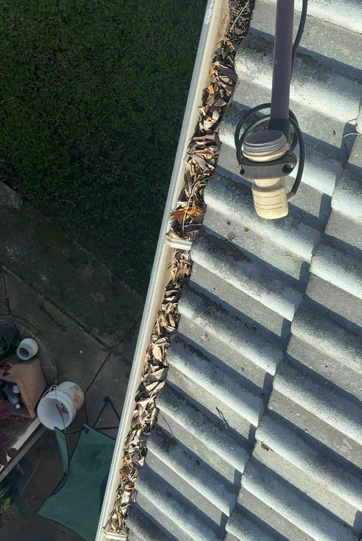 Residential gutter cleaning — Crown Roofers project Emerton Western Sydney — gutter cross-section showing depth of leaf pack