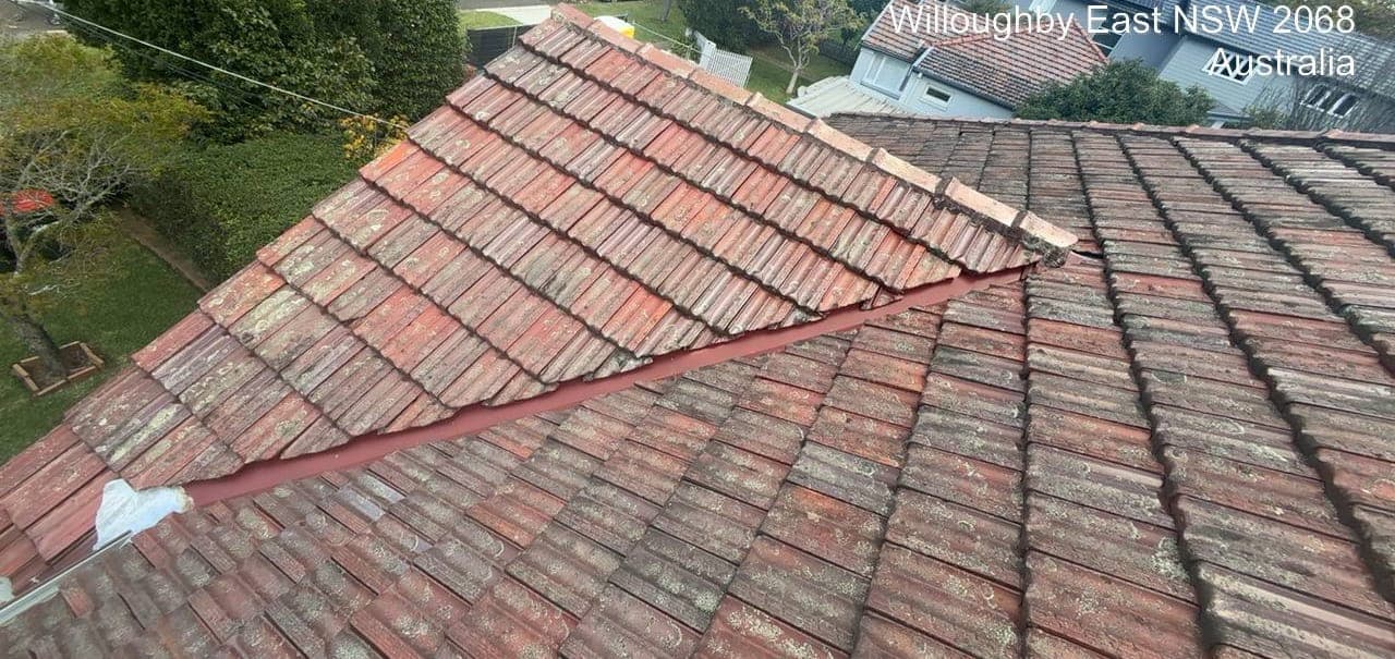 Heritage terracotta tile roof restoration — Crown Roofers project Willoughby East Lower North Shore Sydney — before restoration — faded terracotta tiles and weathered ridge mortar