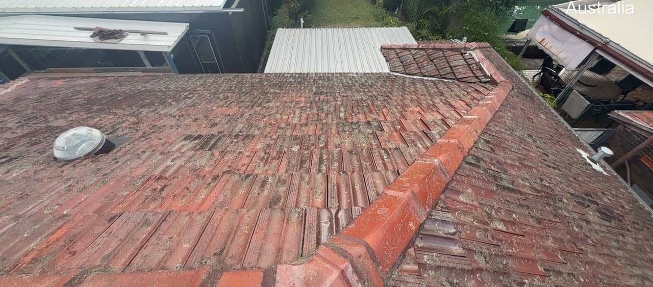 Heritage terracotta tile roof restoration — Crown Roofers project Willoughby East Lower North Shore Sydney — before restoration — overall roof condition pre-clean