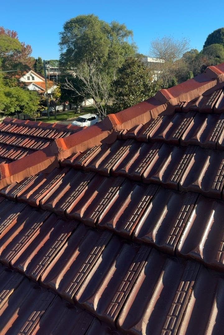 Heritage terracotta tile roof restoration — Crown Roofers project Willoughby East Lower North Shore Sydney — restored hip and ridge intersection