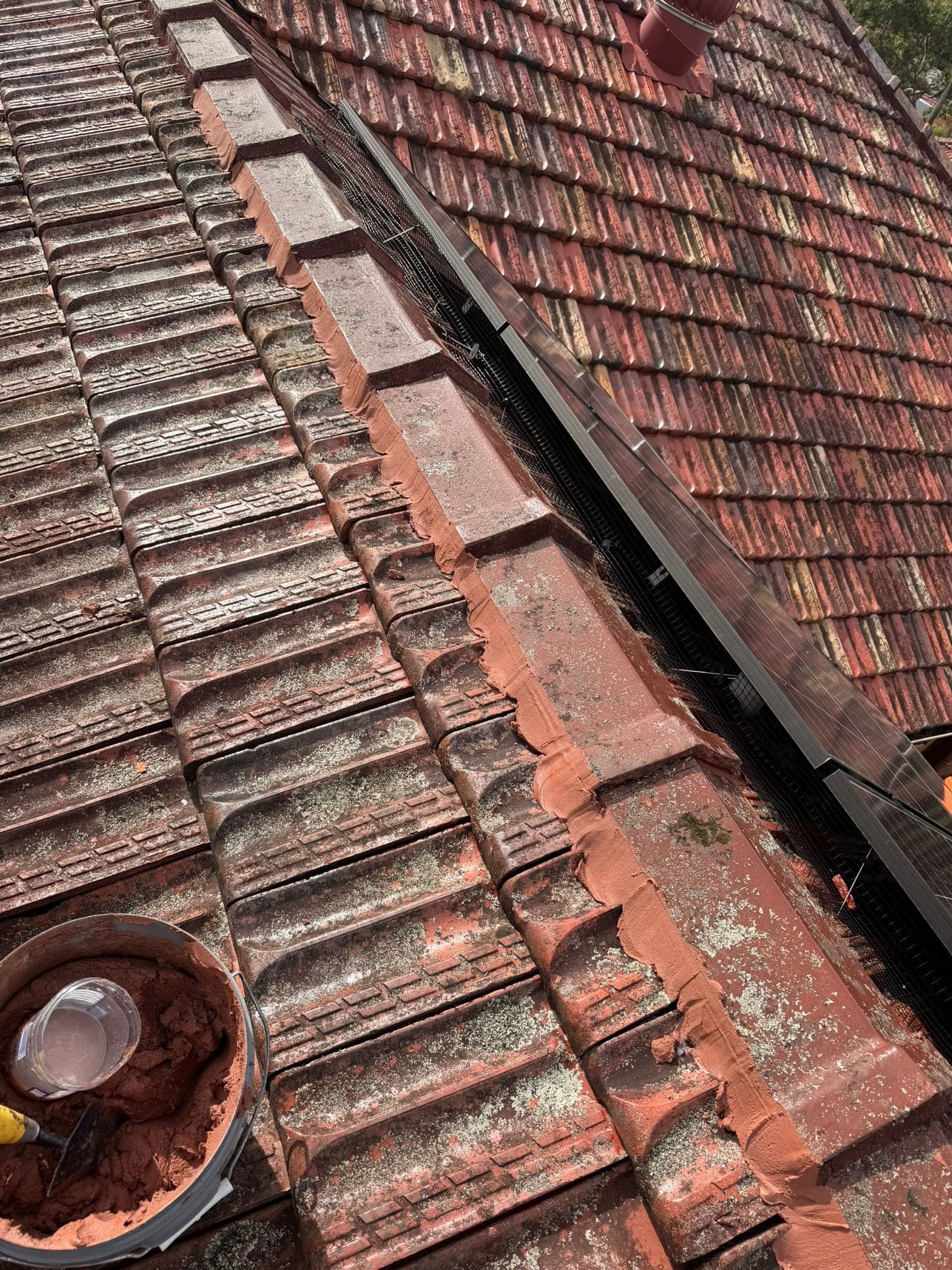 Aged terracotta tile roof with solar panels — Crown Roofers tile restoration project Epping North Shore Sydney — photo 21