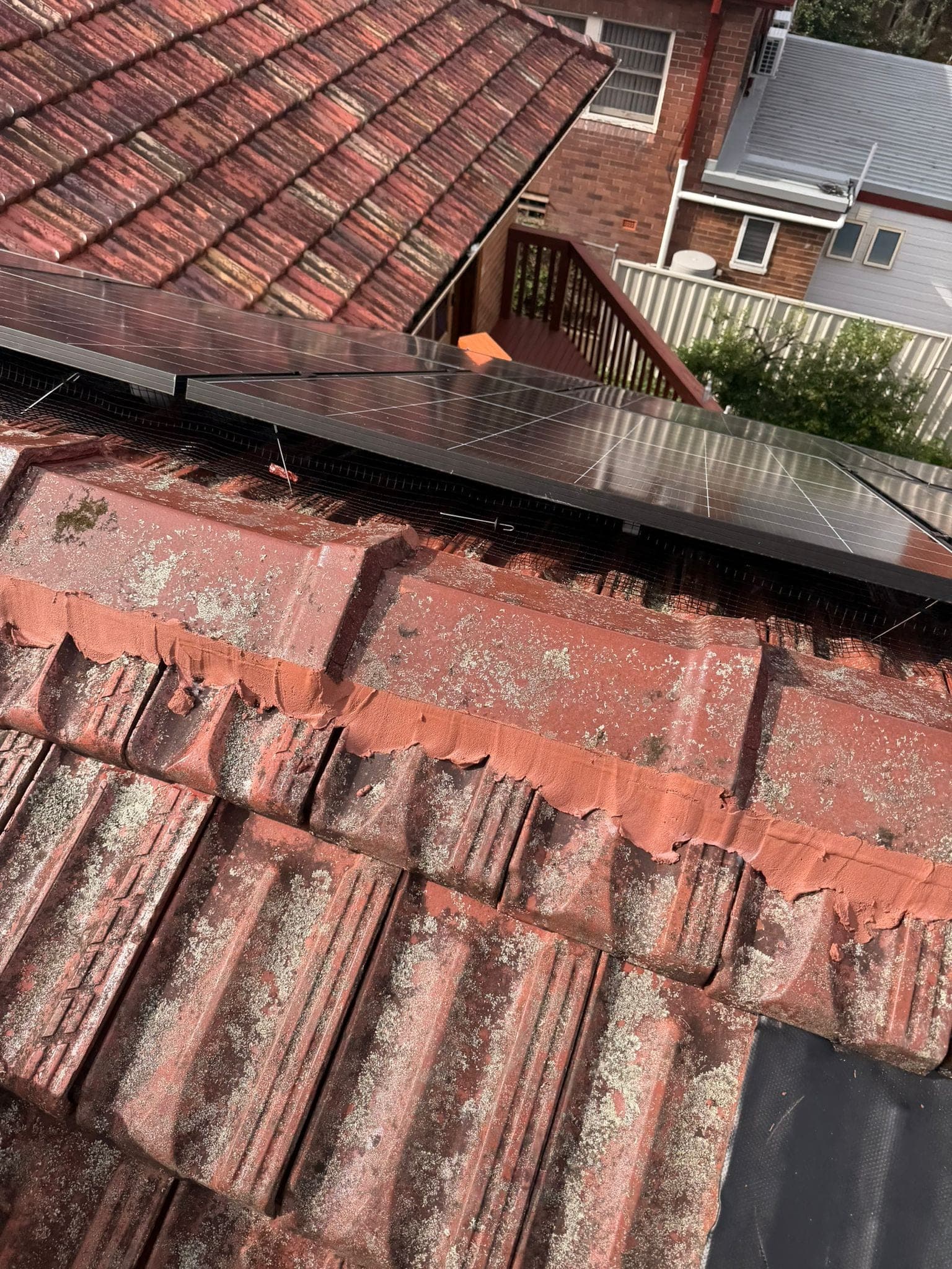 Aged terracotta tile roof with solar panels — Crown Roofers tile restoration project Epping North Shore Sydney — photo 26